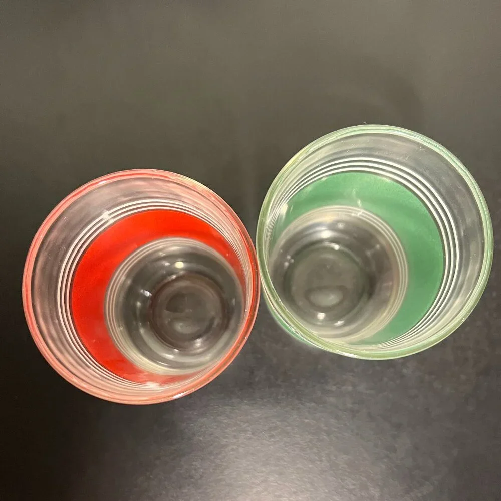 Vtg Hazel Atlas MCM Red Green Stripe Juice Glasses Set of 2 Frosted 8oz Tumbler